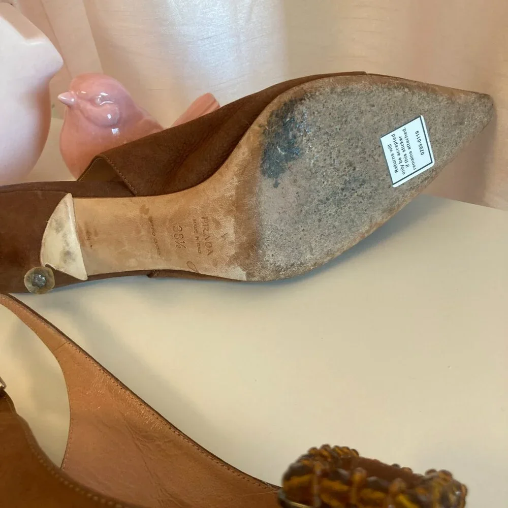 Prada chocolate brown suede beaded buckle slingbacks, sz. 38.5 - Picture 4 of 5